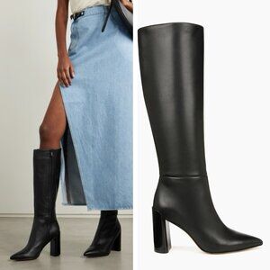 VINCE Pilar Wide Calf Pointed Toe Knee High Leather Boots Black Women US 7.5